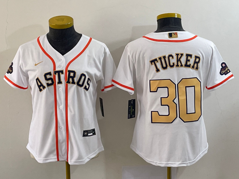 Women's Houston Astros #30 Kyle Tucker White 2023 Gold Collection With World Serise Champions Patch Stitched Jersey(Run Small) Women's Houston Astros #30 Kyle Tucker White 2023 Gold Collection With World Serise Champions Patch Stitched Jersey(Run Small)